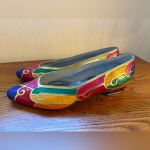 Vintage 1980s Margaret Jerrold Multicolored Jewel Tones Leather Applique Pumps